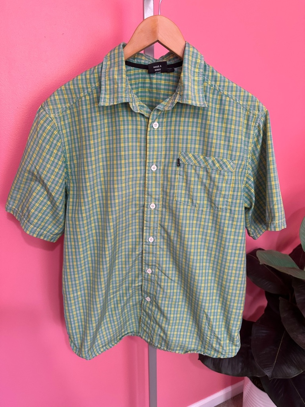 Kavu Short Sleeve Plaid Button Up Shirt, Green/Yellow, Size M